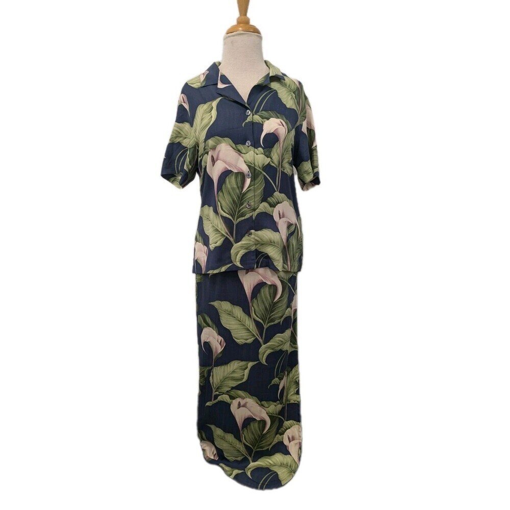 100% Silk Tommy Bahama Floral Hawaiian Top Wrap Skirt Set sz M Lily Resortwear